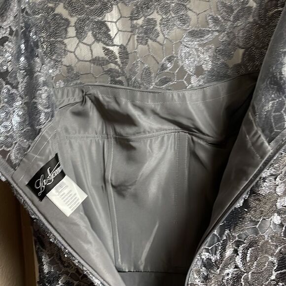 LA Femme Platinum Lace & Chiffon Prom Gown Size 8 NWT - Picture 8 of 11